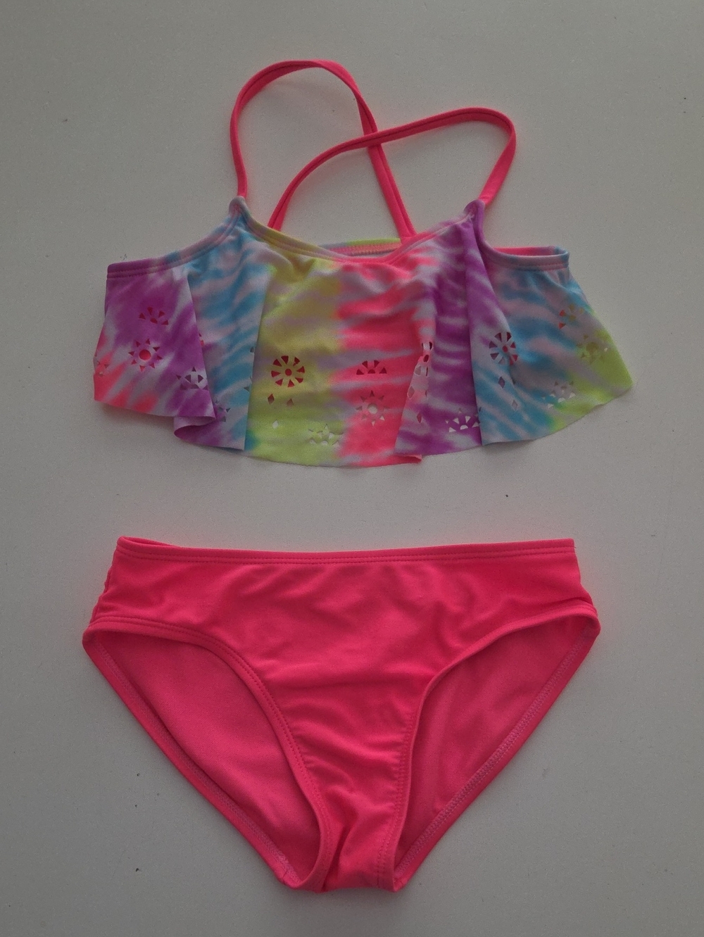 Cat & Jack Girls Tie Dye Ruffle 2 Piece Bikini Pink Swimsuit Size 7 8
